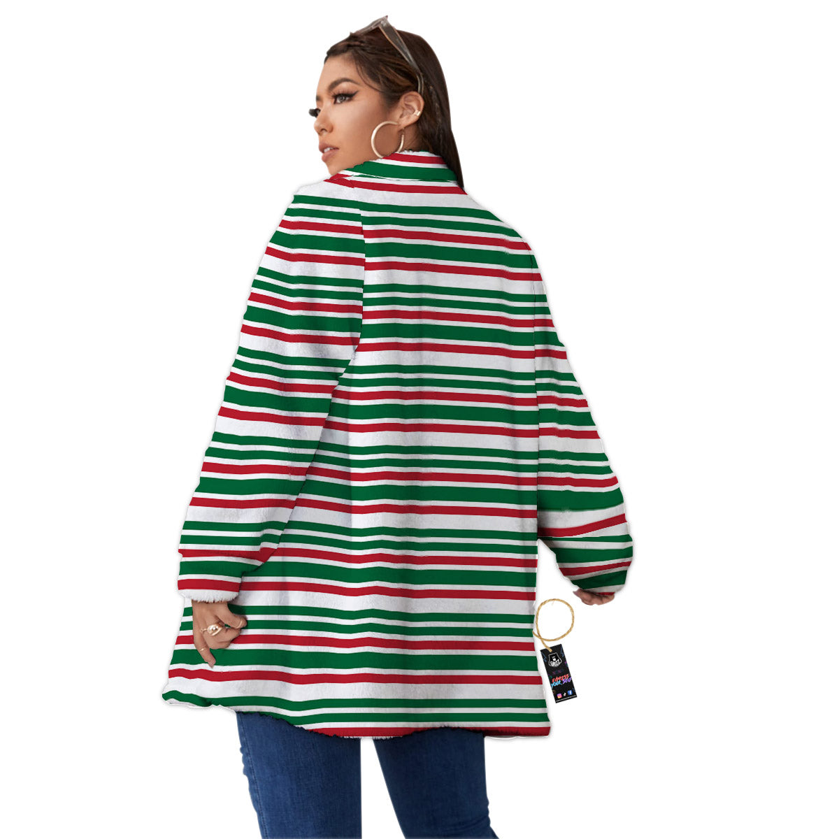Stripe Candy Cane Print Pattern Women's Sherpa Jacket-grizzshop