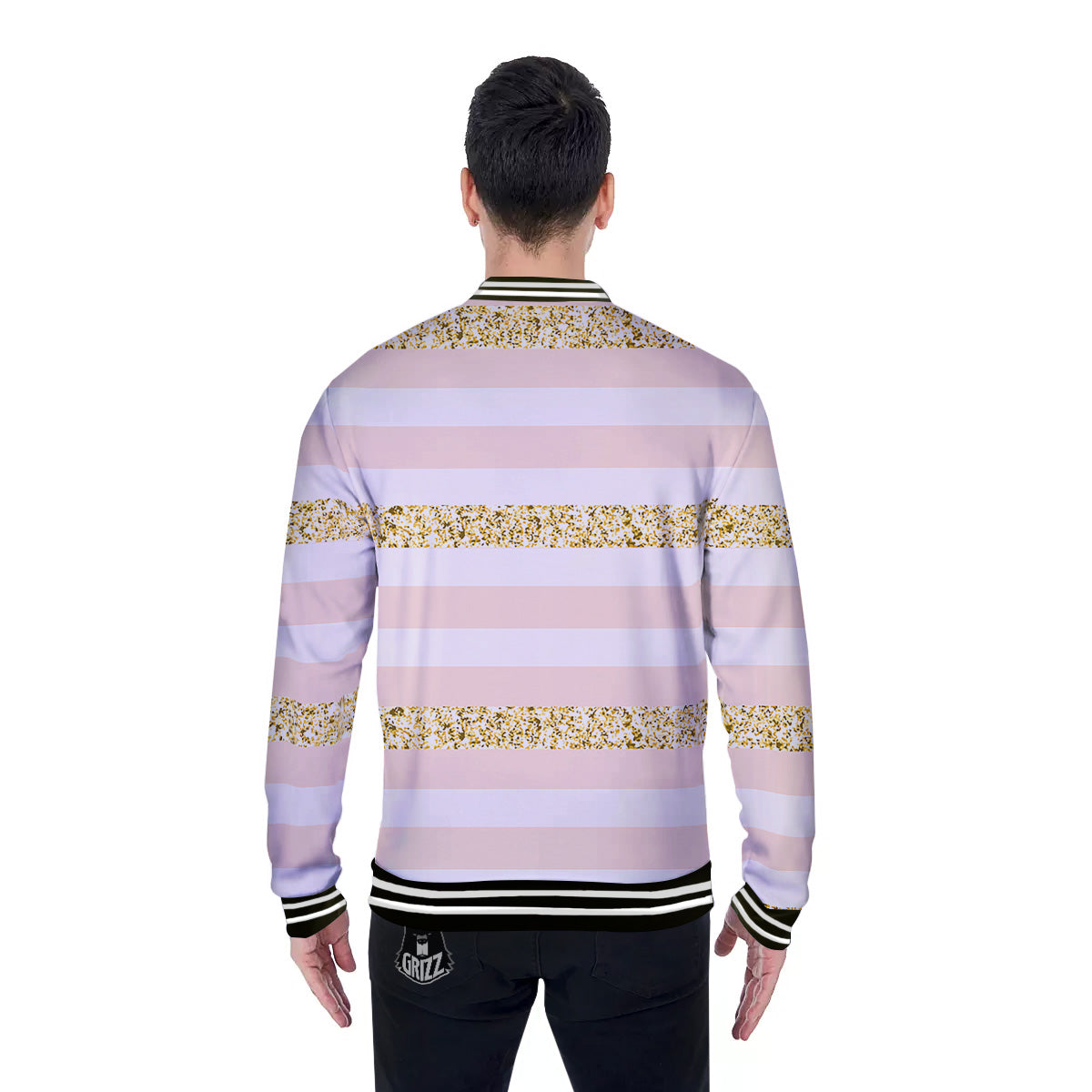 Stripe Glitter Gold Print Pattern Baseball Jacket-grizzshop