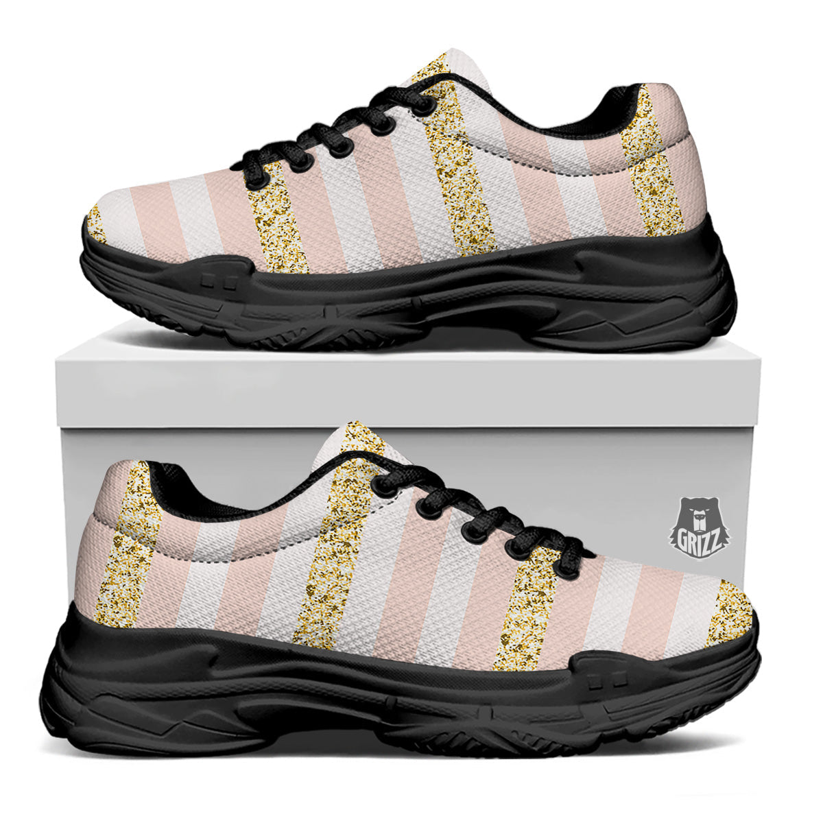 Stripe Glitter Gold Print Pattern Black Chunky Shoes-grizzshop