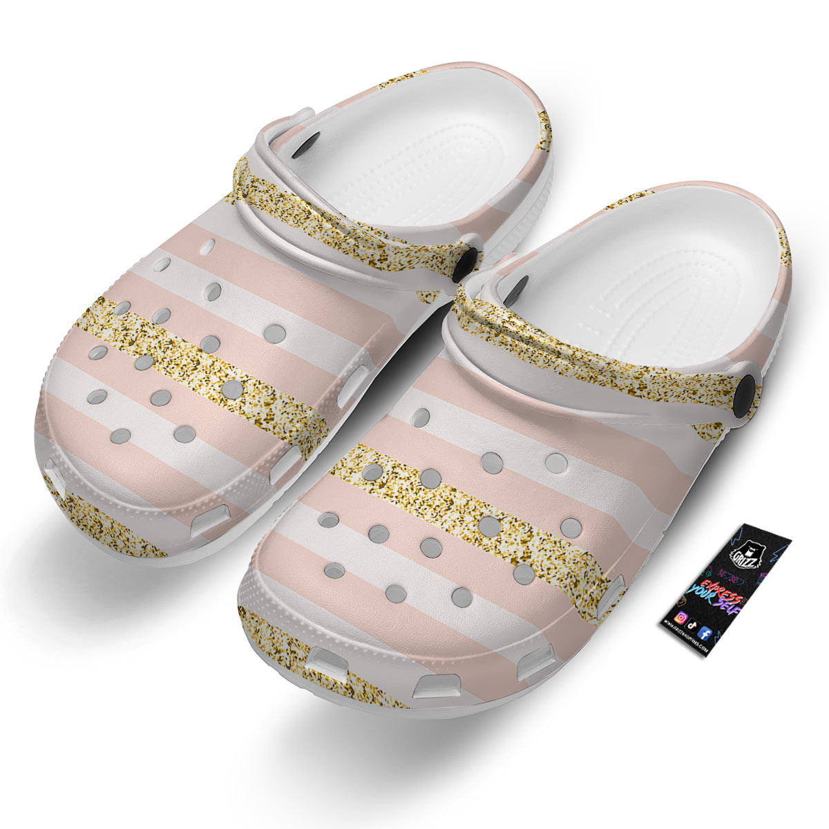 Stripe Glitter Gold Print Pattern Clog-grizzshop