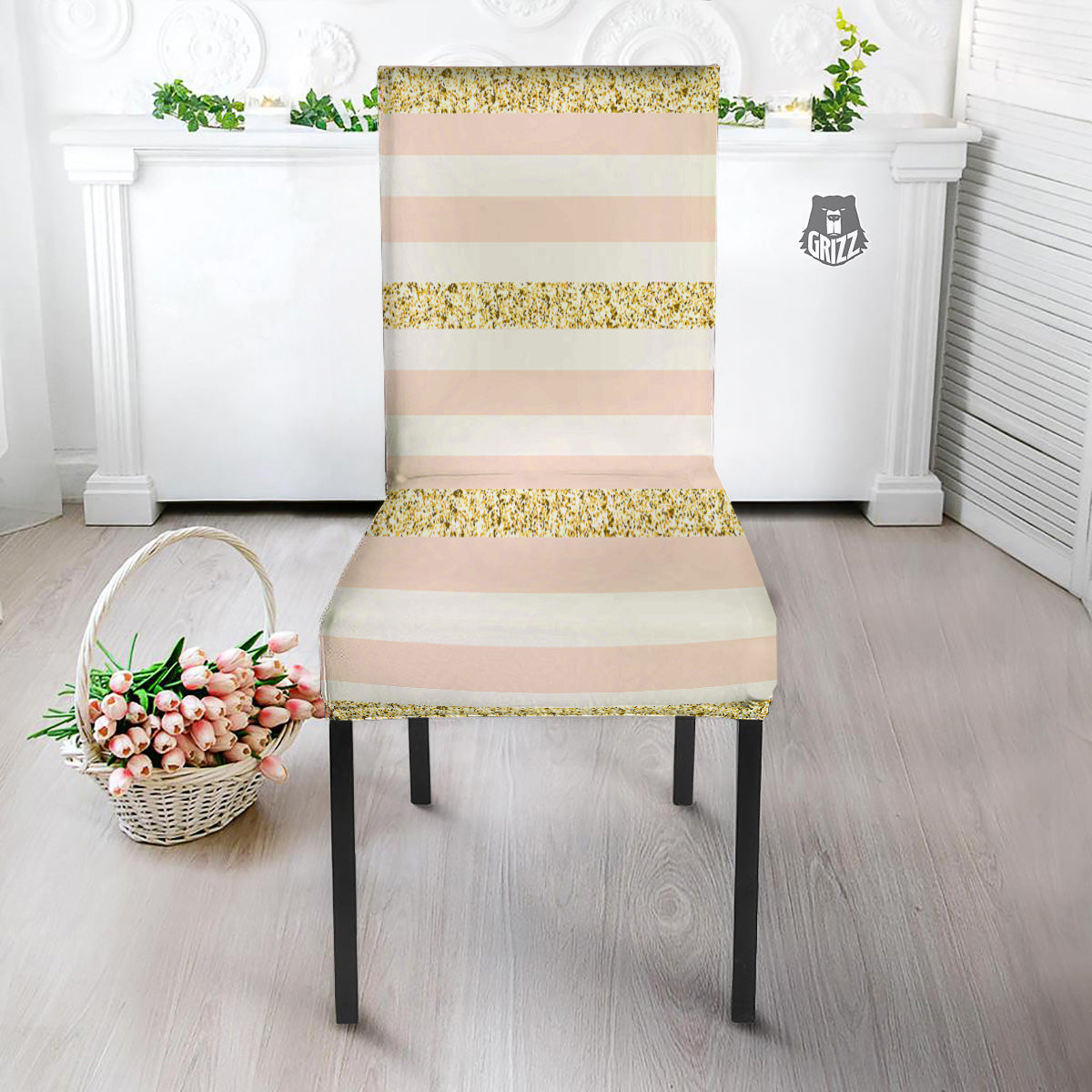 Stripe Glitter Gold Print Pattern Dining Chair Slipcover-grizzshop