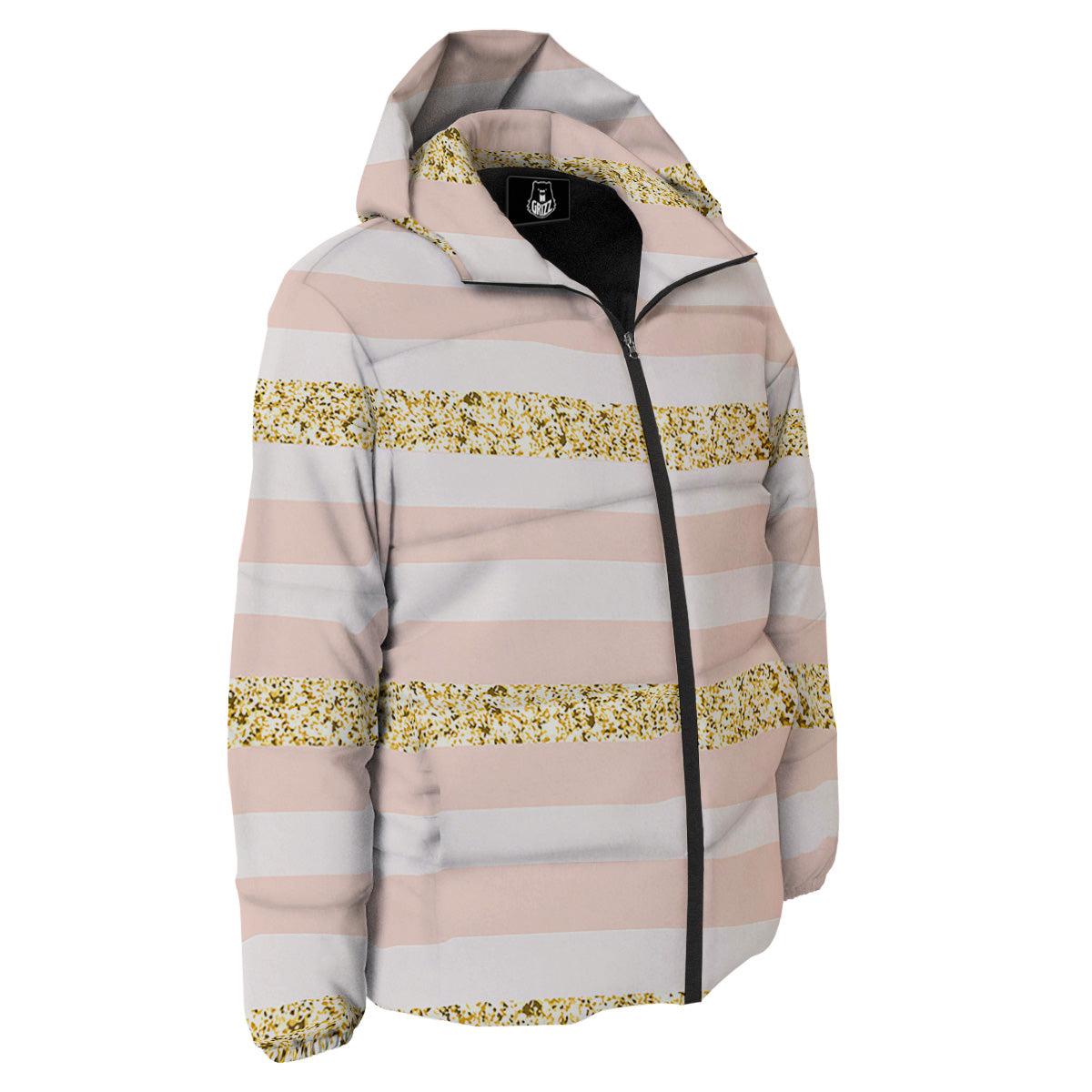 Stripe Glitter Gold Print Pattern Down Jacket-grizzshop
