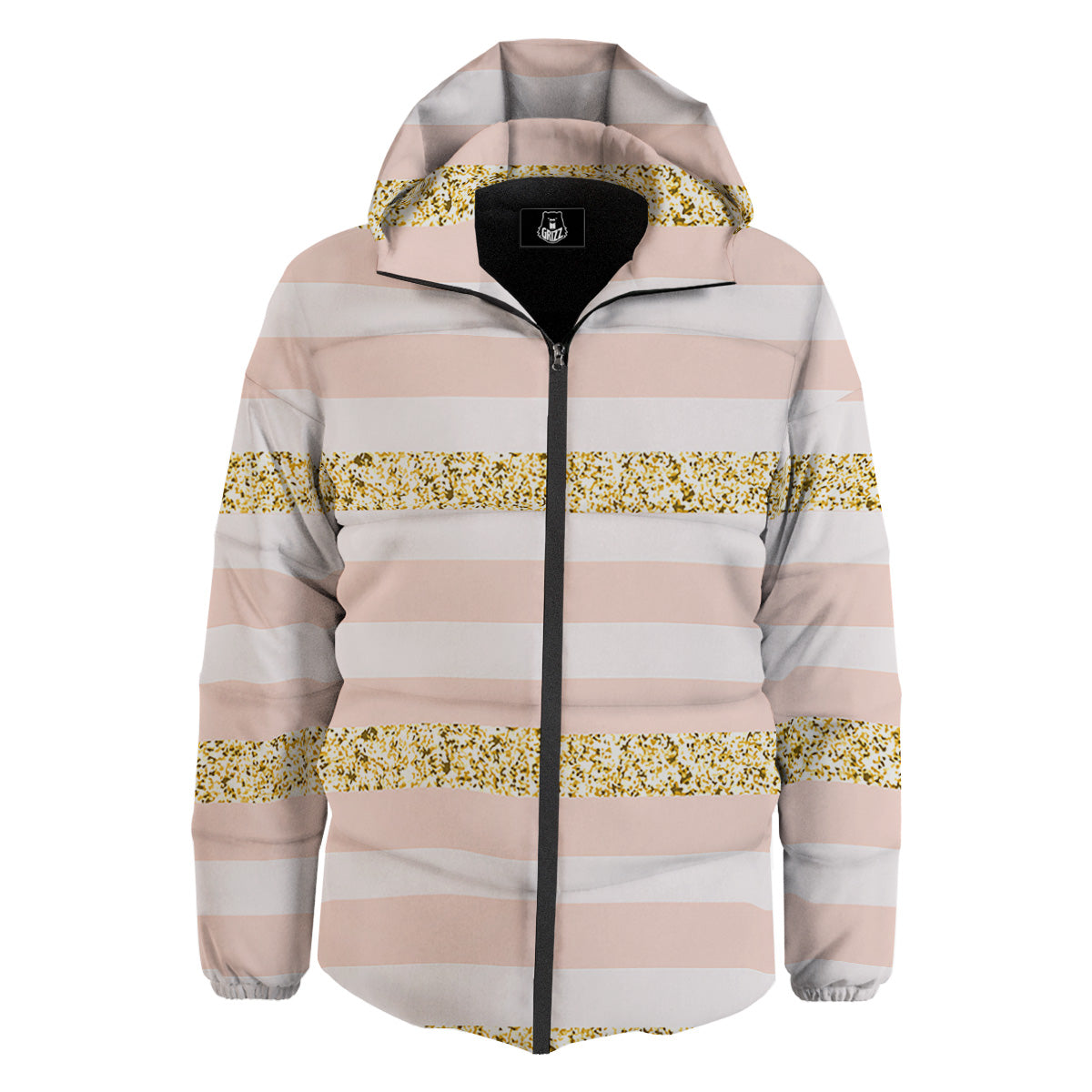 Stripe Glitter Gold Print Pattern Down Jacket-grizzshop