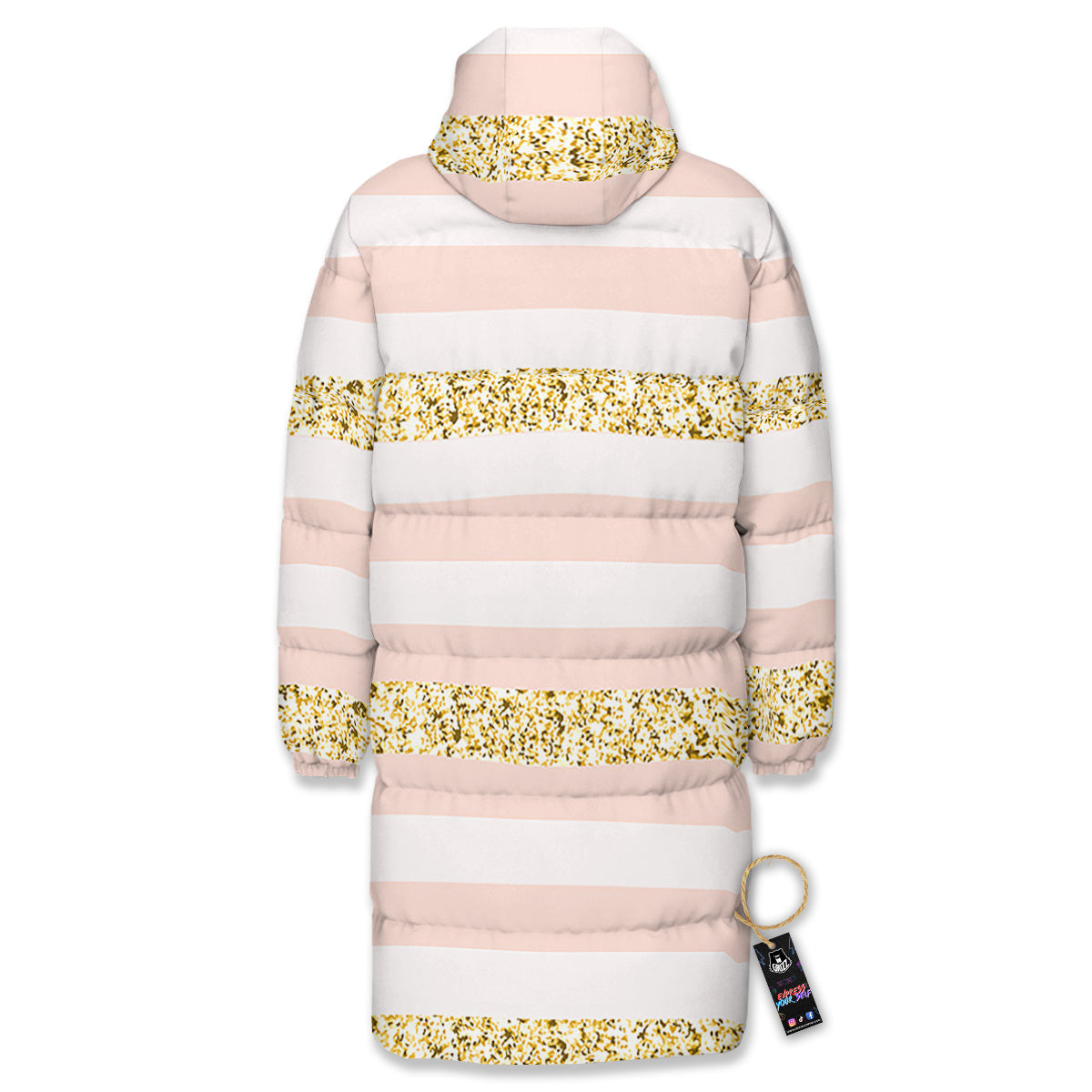 Stripe Glitter Gold Print Pattern Long Down Jacket-grizzshop