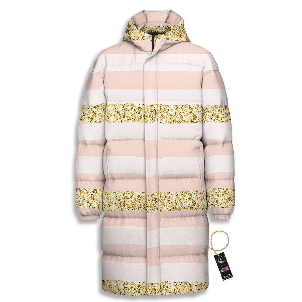 Stripe Glitter Gold Print Pattern Long Down Jacket-grizzshop