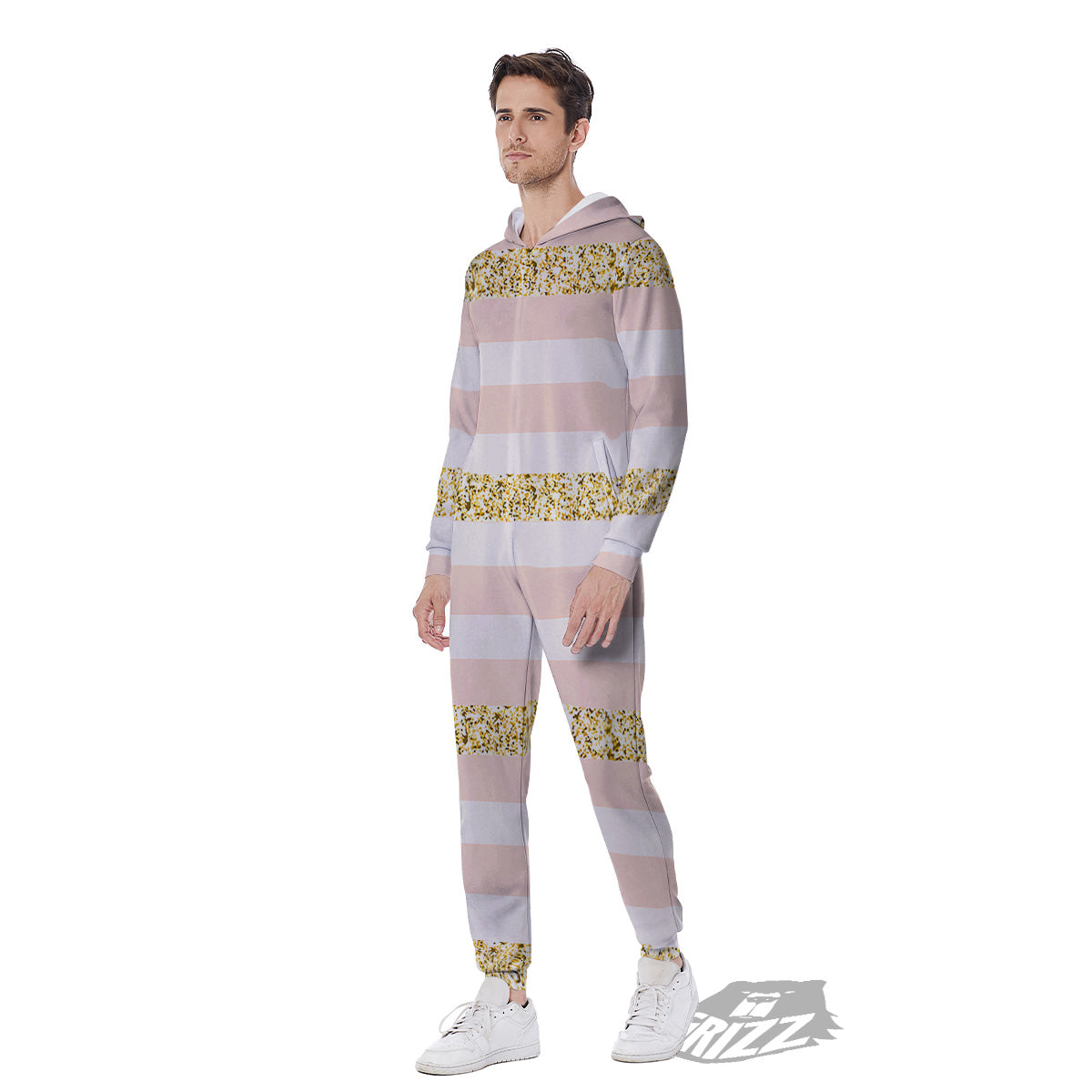 Stripe Glitter Gold Print Pattern Men's Jumpsuit-grizzshop