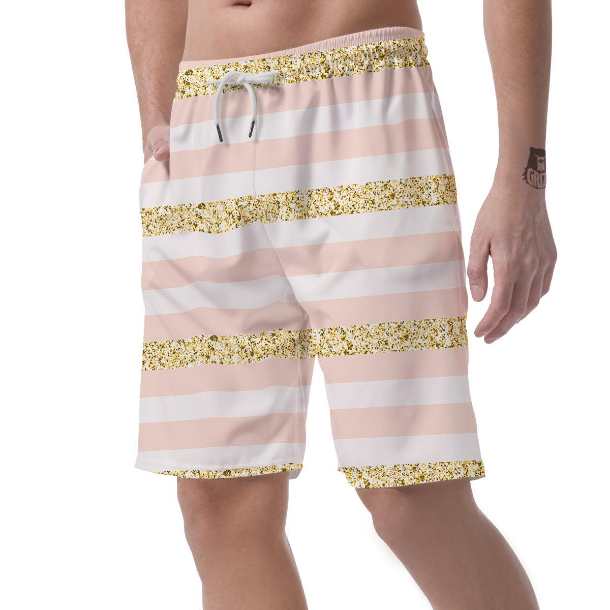 Stripe Glitter Gold Print Pattern Men's Shorts-grizzshop