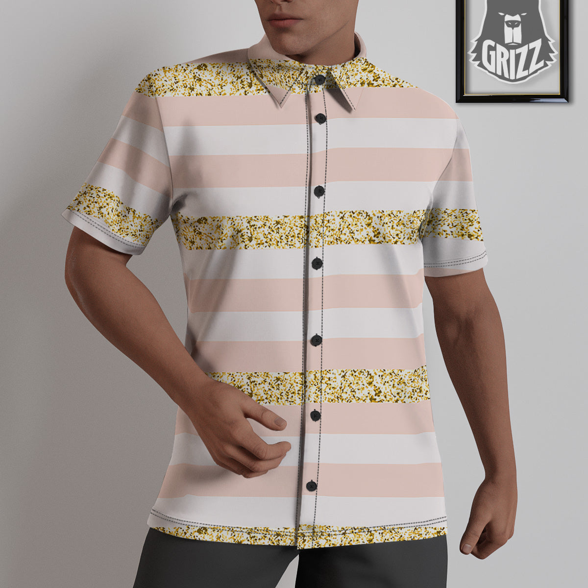 Stripe Glitter Gold Print Pattern Untucked Shirts-grizzshop