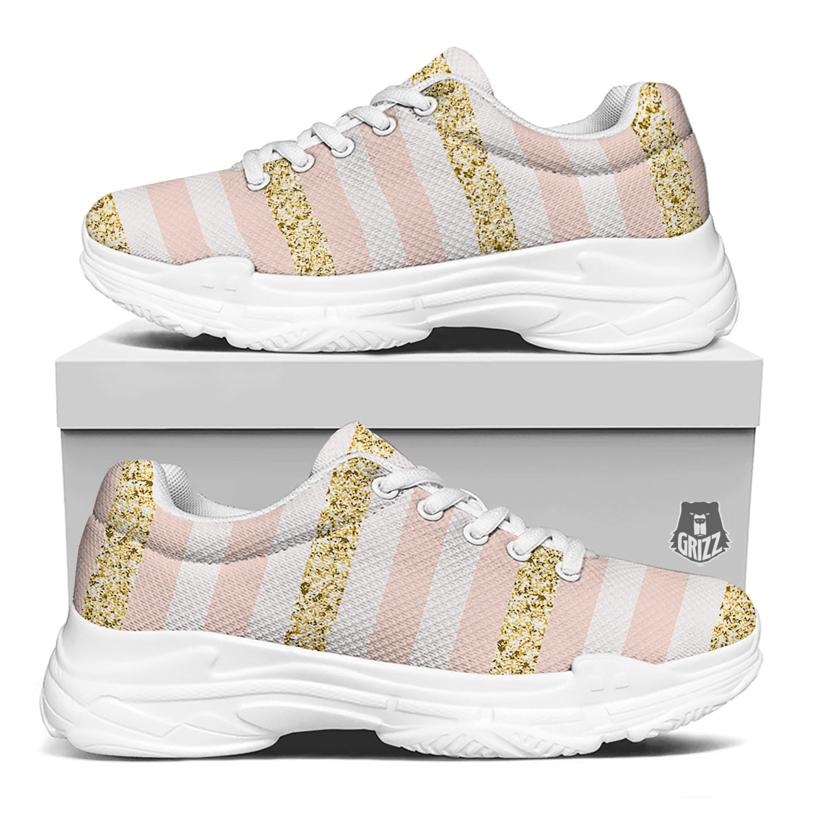Stripe Glitter Gold Print Pattern White Chunky Shoes-grizzshop