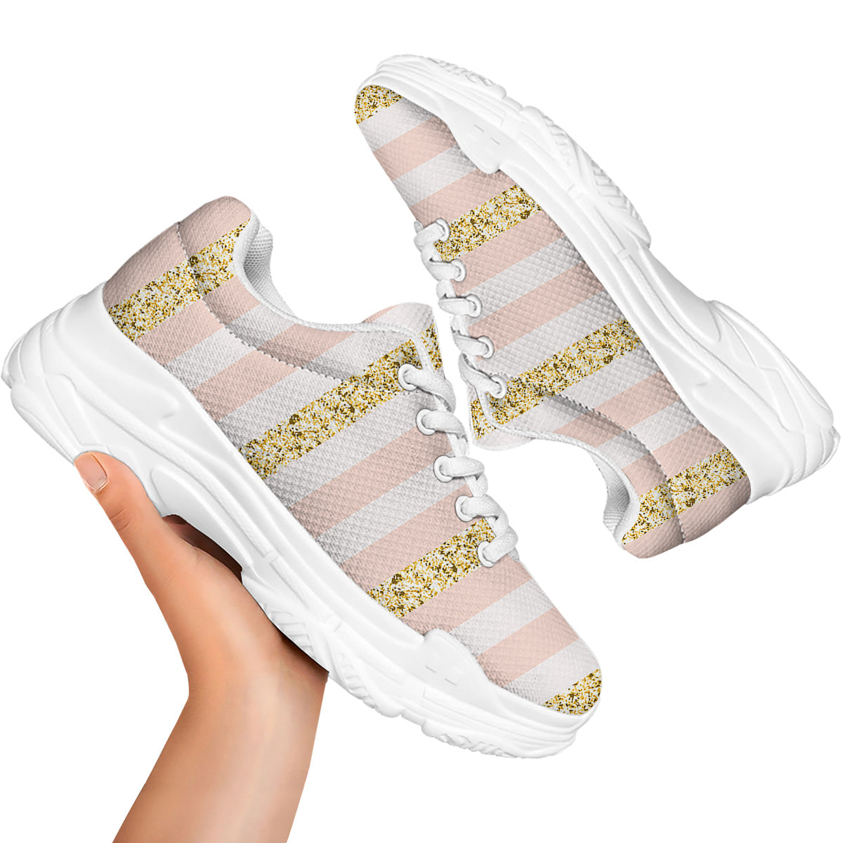 Stripe Glitter Gold Print Pattern White Chunky Shoes-grizzshop