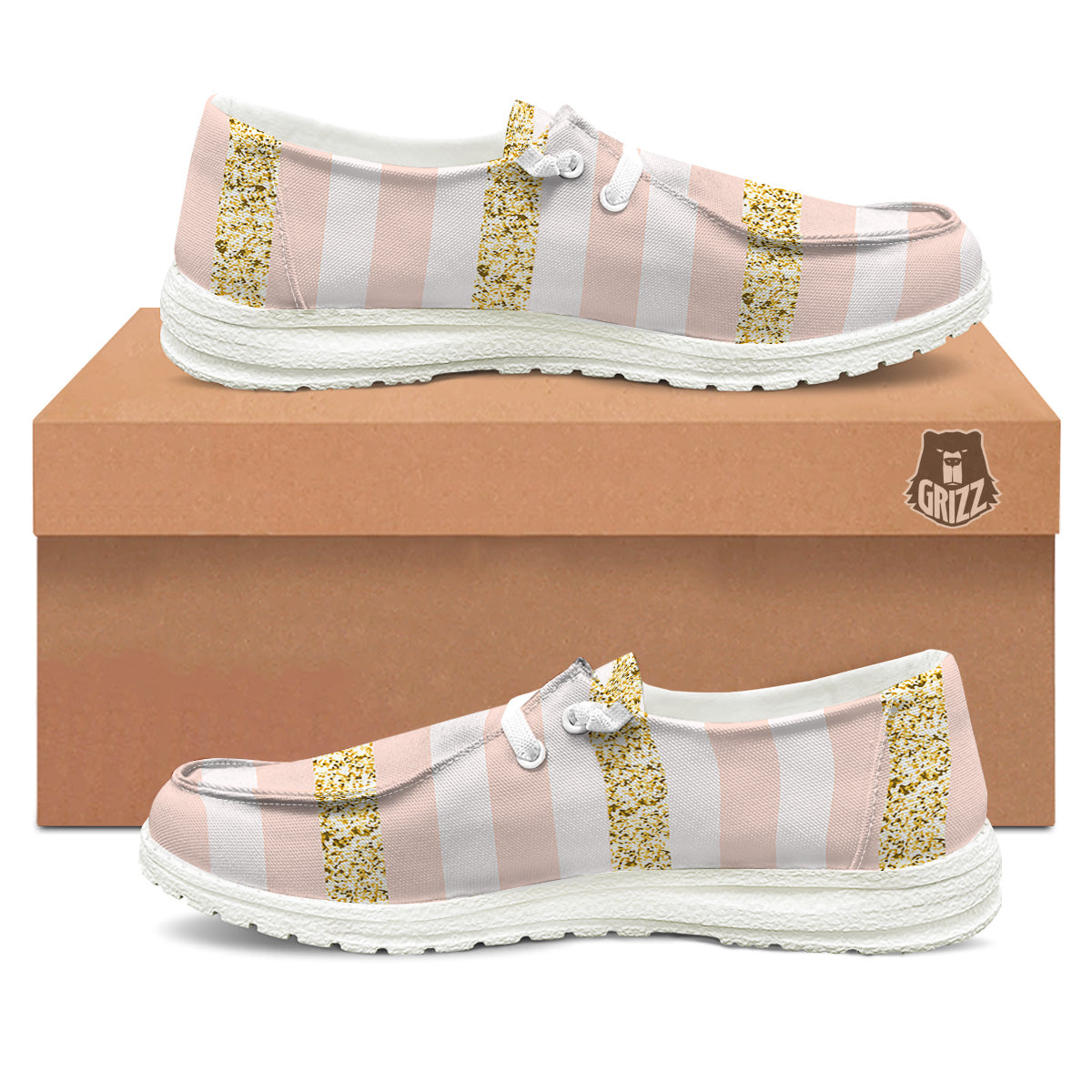 Stripe Glitter Gold Print Pattern White Loafers-grizzshop