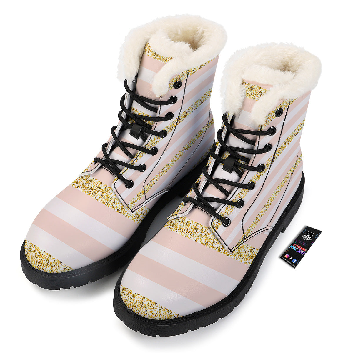 Stripe Glitter Gold Print Pattern Winter Boots-grizzshop