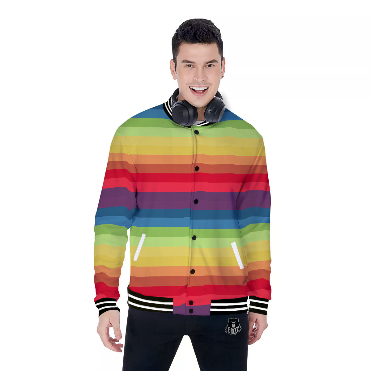 Stripe Rainbow Print Pattern Baseball Jacket-grizzshop