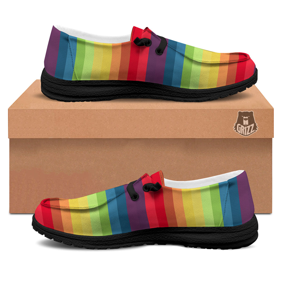 Stripe Rainbow Print Pattern Black Loafers-grizzshop