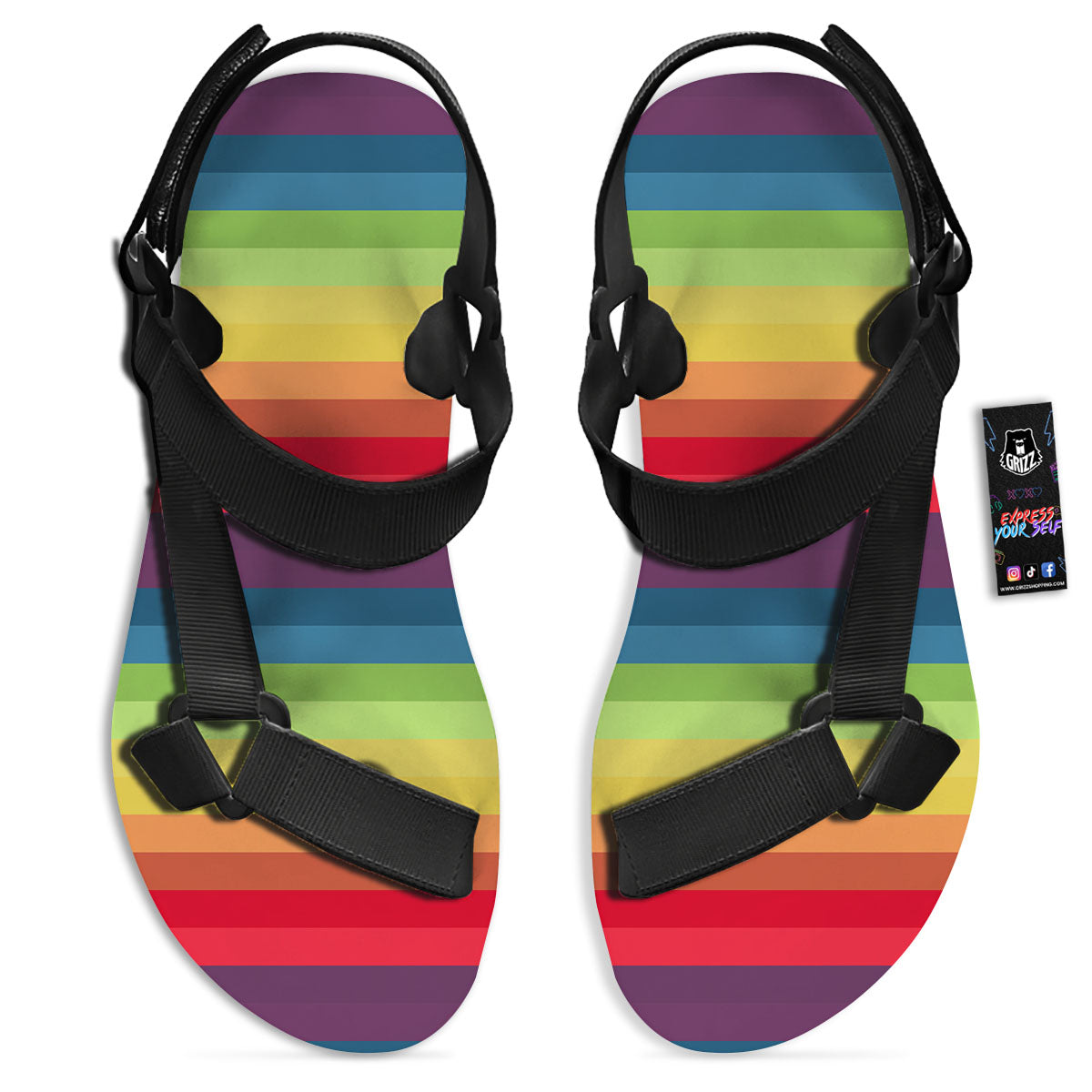 Stripe Rainbow Print Pattern Black Open Toe Sandals-grizzshop