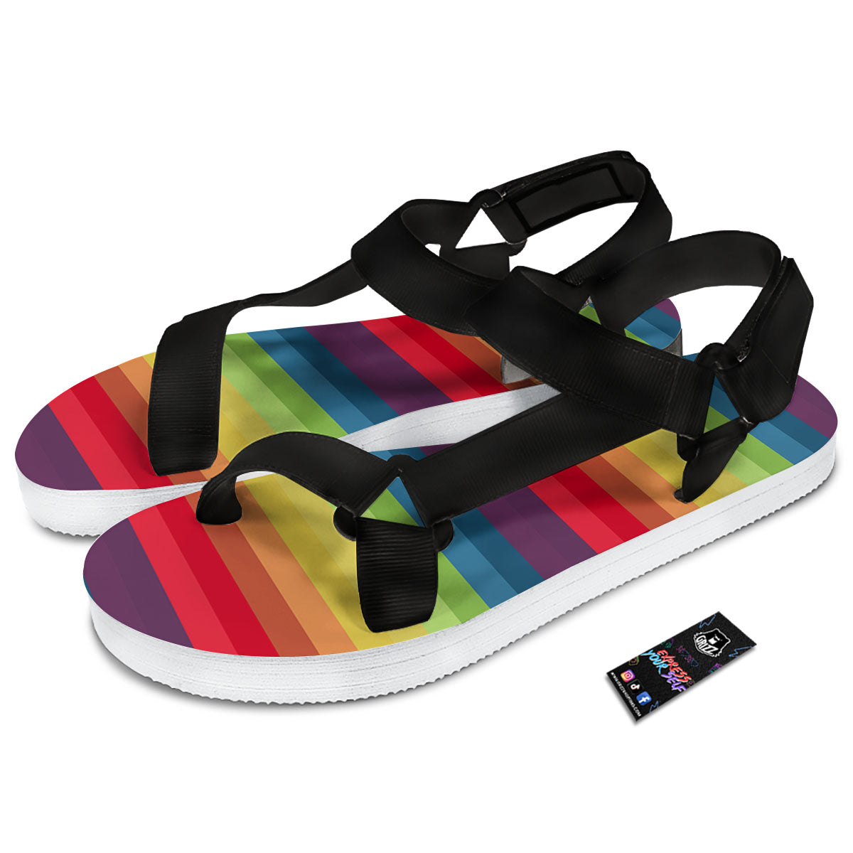 Stripe Rainbow Print Pattern Black Open Toe Sandals-grizzshop