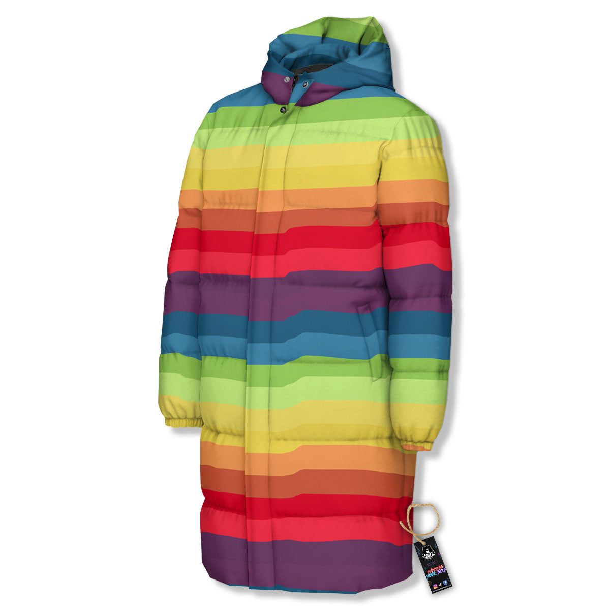 Stripe Rainbow Print Pattern Long Down Jacket-grizzshop