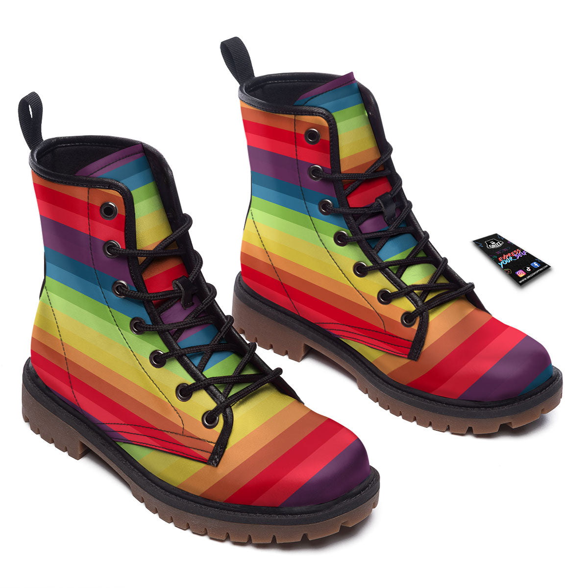 Stripe Rainbow Print Pattern Work Boots-grizzshop