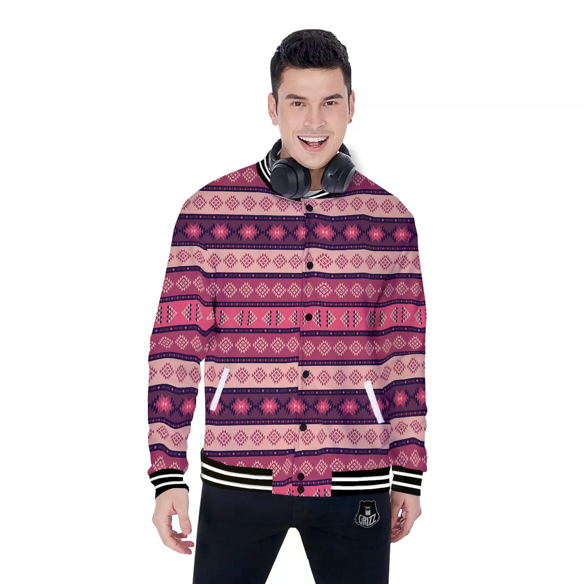 Stripe Southwestern Print Pattern Baseball Jacket-grizzshop