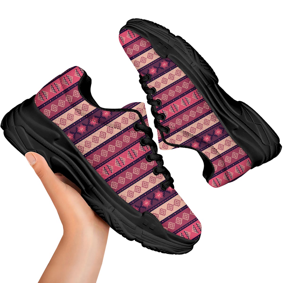 Stripe Southwestern Print Pattern Black Chunky Shoes-grizzshop