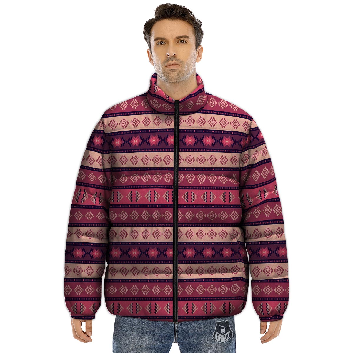 Stripe Southwestern Print Pattern Puffer Jacket-grizzshop
