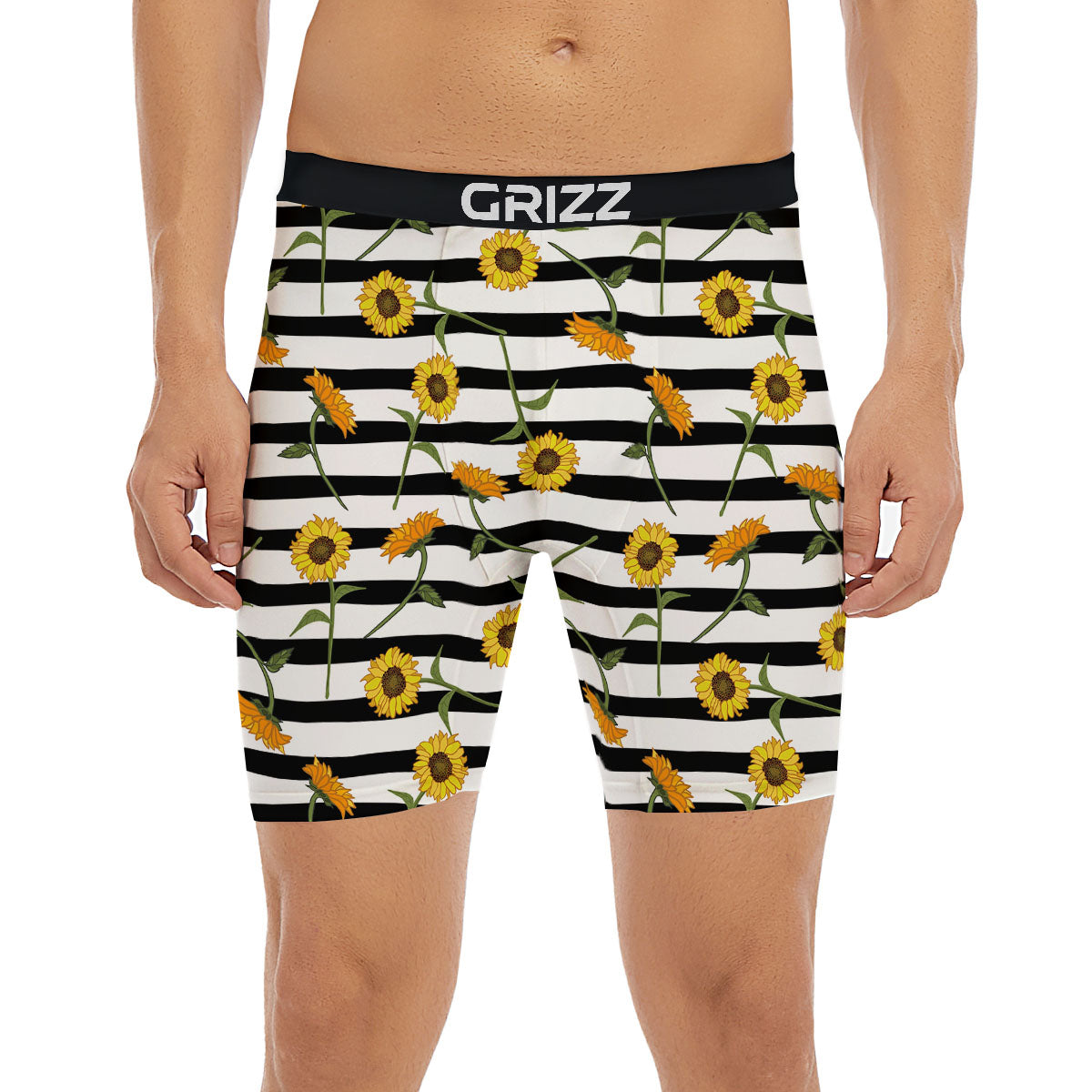 Stripe Sunflower White And Black Print Pattern Boxer Briefs-grizzshop