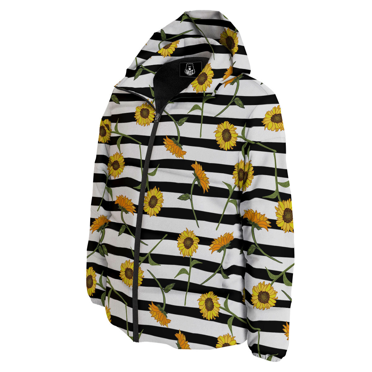Stripe Sunflower White And Black Print Pattern Down Jacket-grizzshop