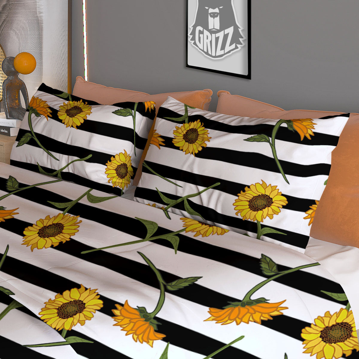 Stripe Sunflower White And Black Print Pattern Duvet Cover Bedding Set