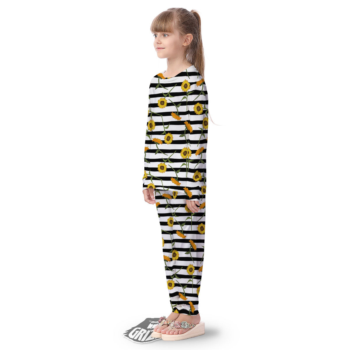Stripe Sunflower White And Black Print Pattern Kid's Pajamas-grizzshop