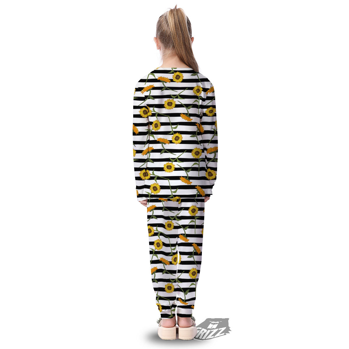 Stripe Sunflower White And Black Print Pattern Kid's Pajamas-grizzshop