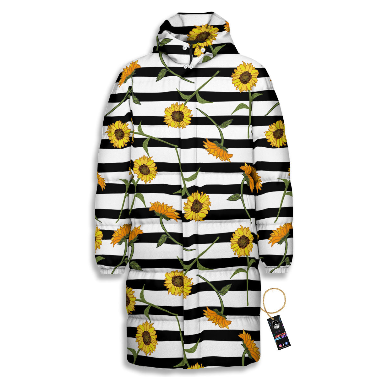 Stripe Sunflower White And Black Print Pattern Long Down Jacket-grizzshop