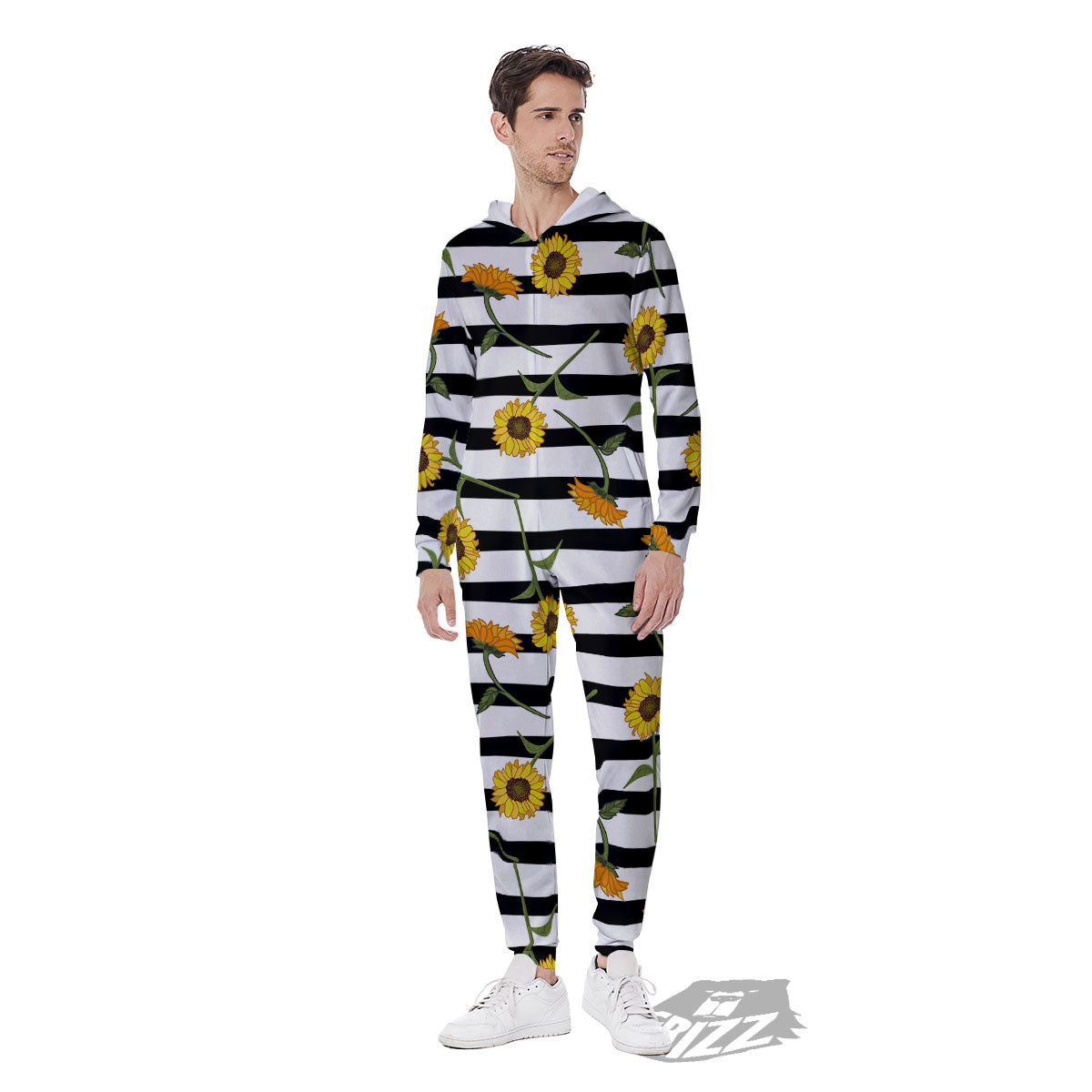 Stripe Sunflower White And Black Print Pattern Men's Jumpsuit-grizzshop