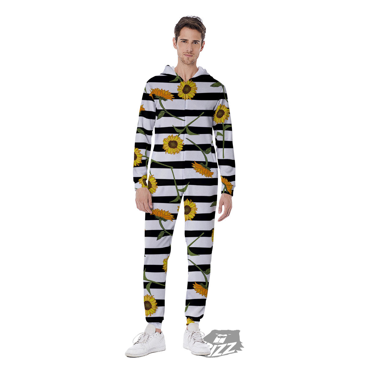 Stripe Sunflower White And Black Print Pattern Men's Jumpsuit-grizzshop