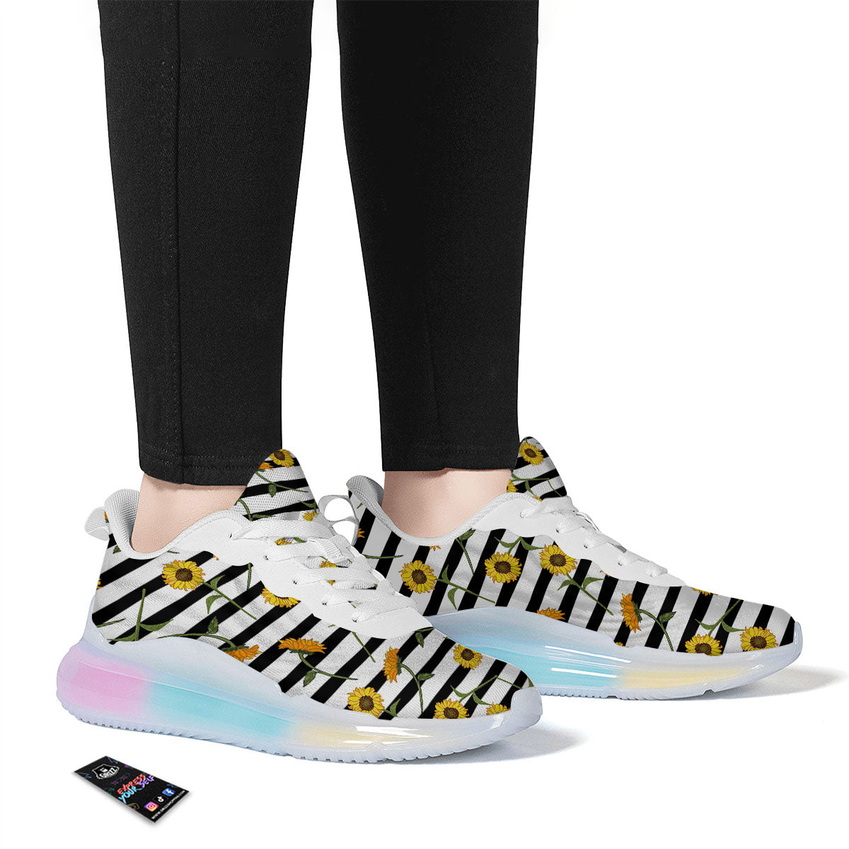 Stripe Sunflower White And Black Print Pattern Running Sneakers-grizzshop