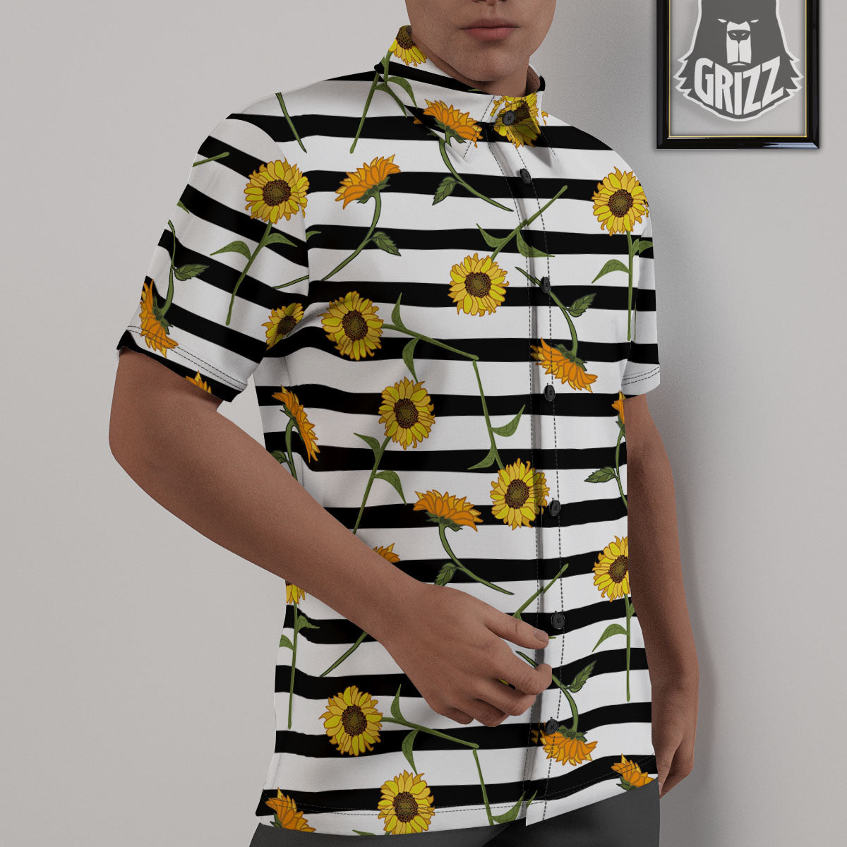 Stripe Sunflower White And Black Print Pattern Untucked Shirts-grizzshop