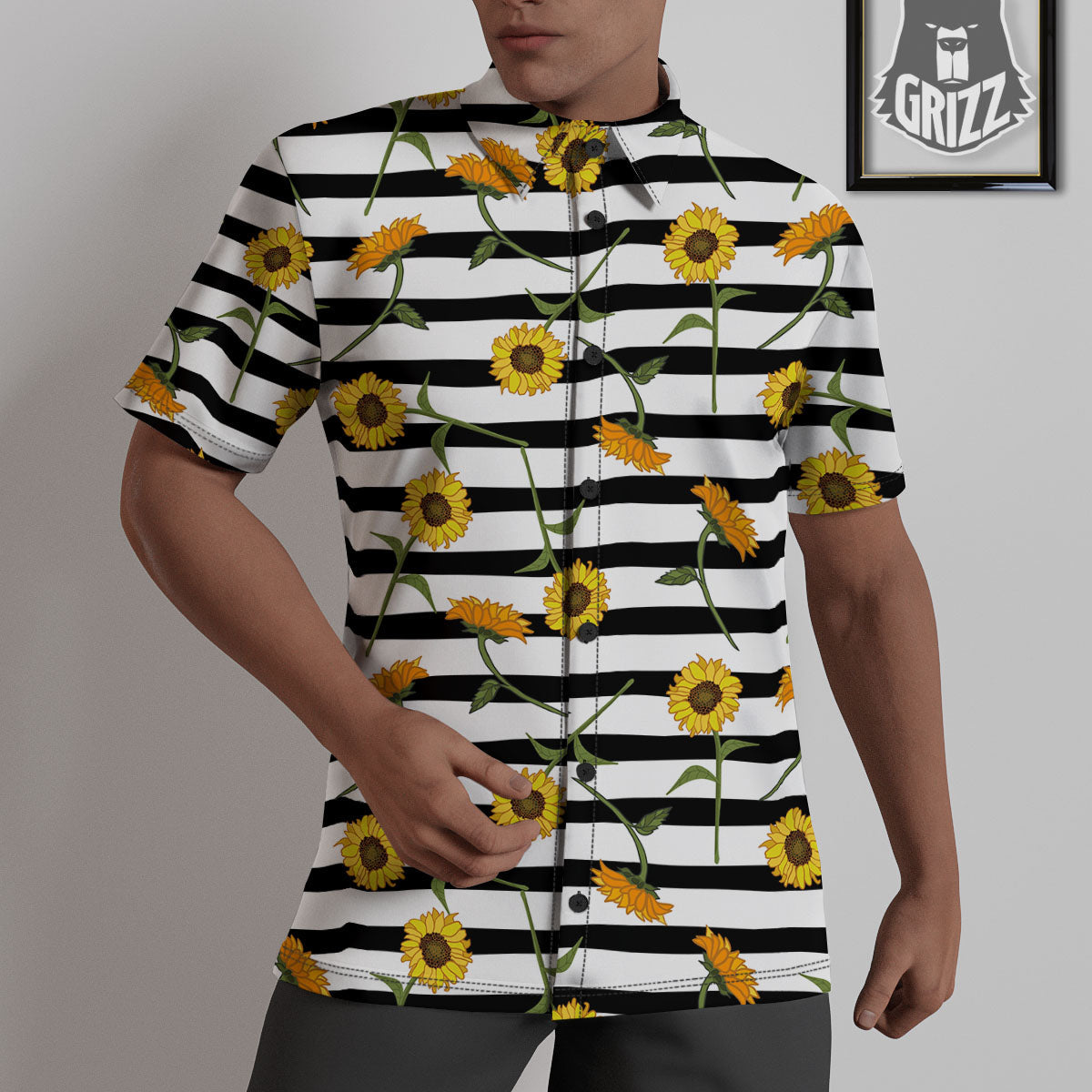 Stripe Sunflower White And Black Print Pattern Untucked Shirts-grizzshop