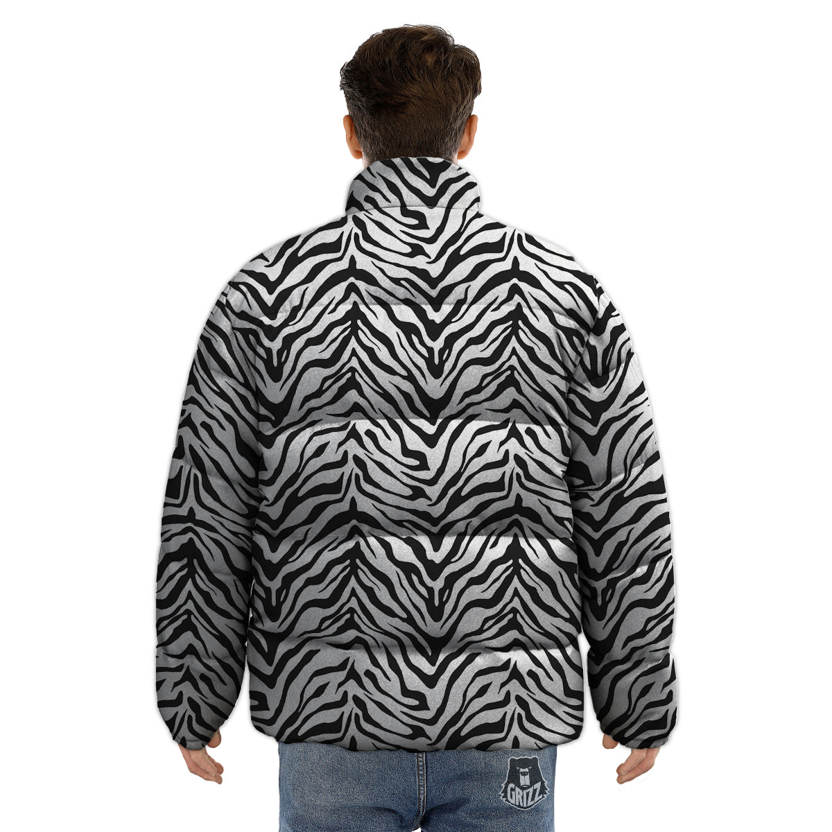 Stripe White Tiger Print Pattern Puffer Jacket-grizzshop