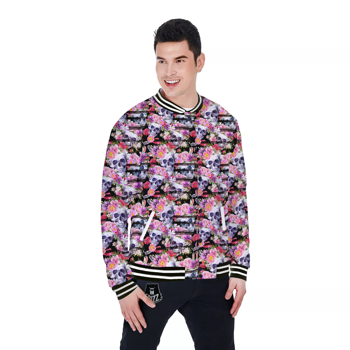 Striped Aloha Skull Print Pattern Baseball Jacket-grizzshop