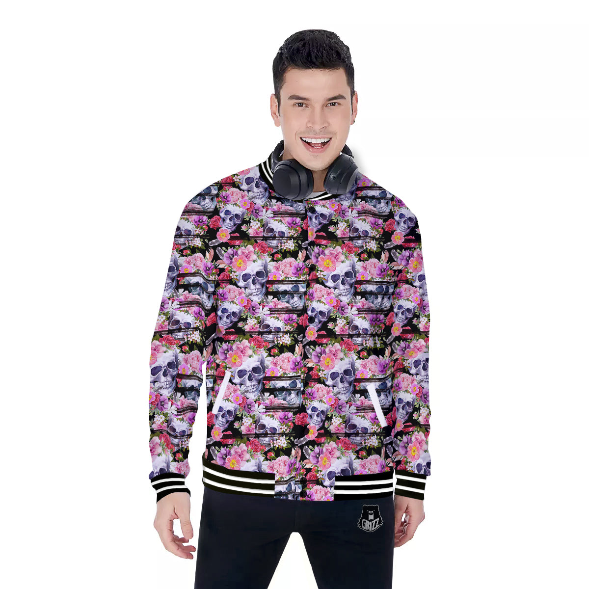 Striped Aloha Skull Print Pattern Baseball Jacket-grizzshop