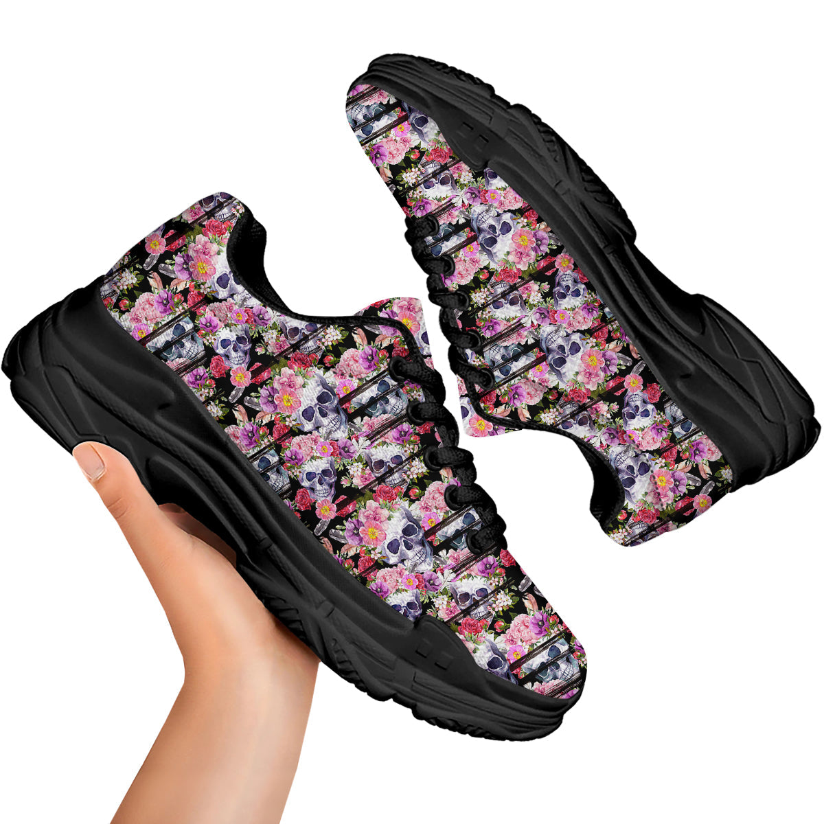 Striped Aloha Skull Print Pattern Black Chunky Shoes-grizzshop
