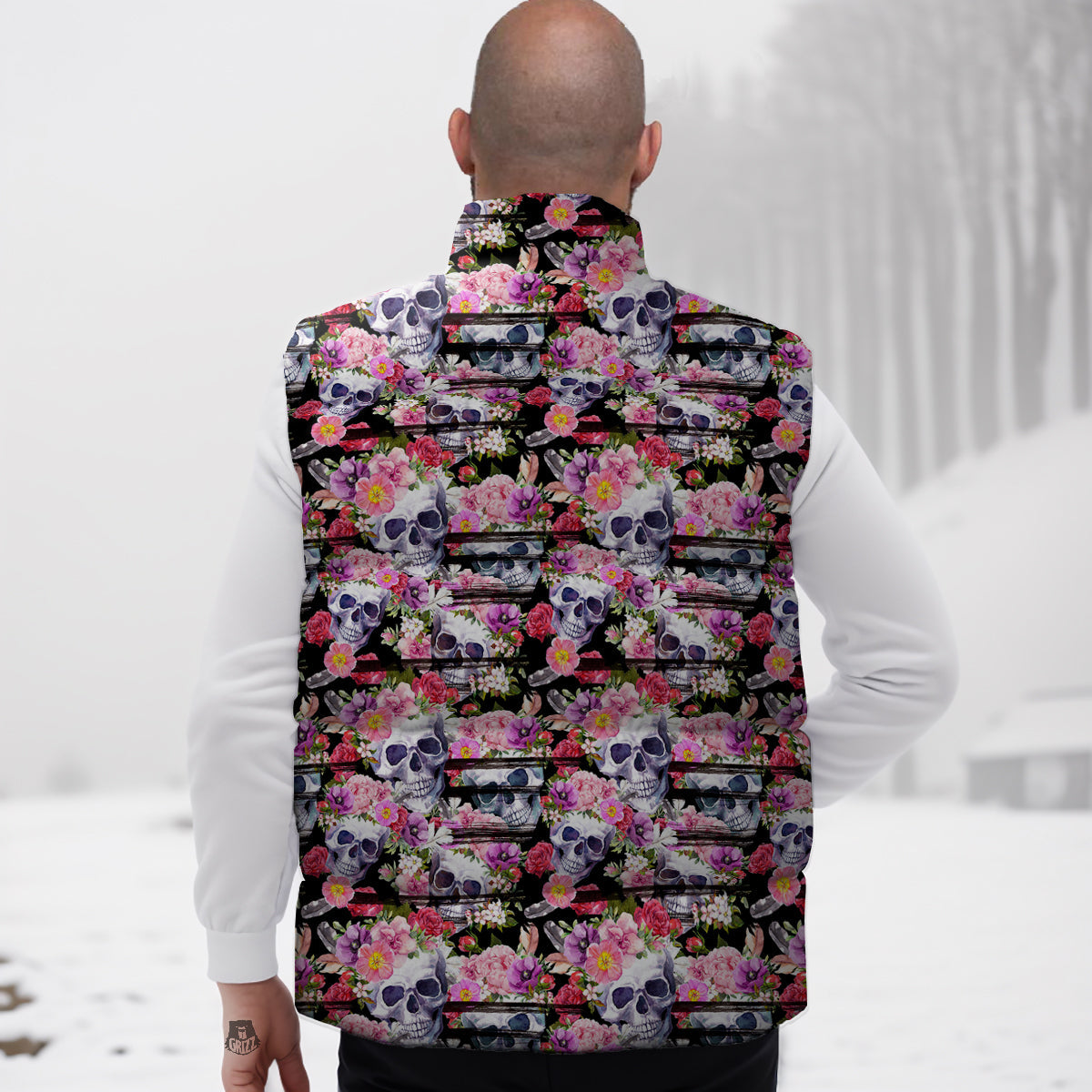 Striped Aloha Skull Print Pattern Down Vest-grizzshop