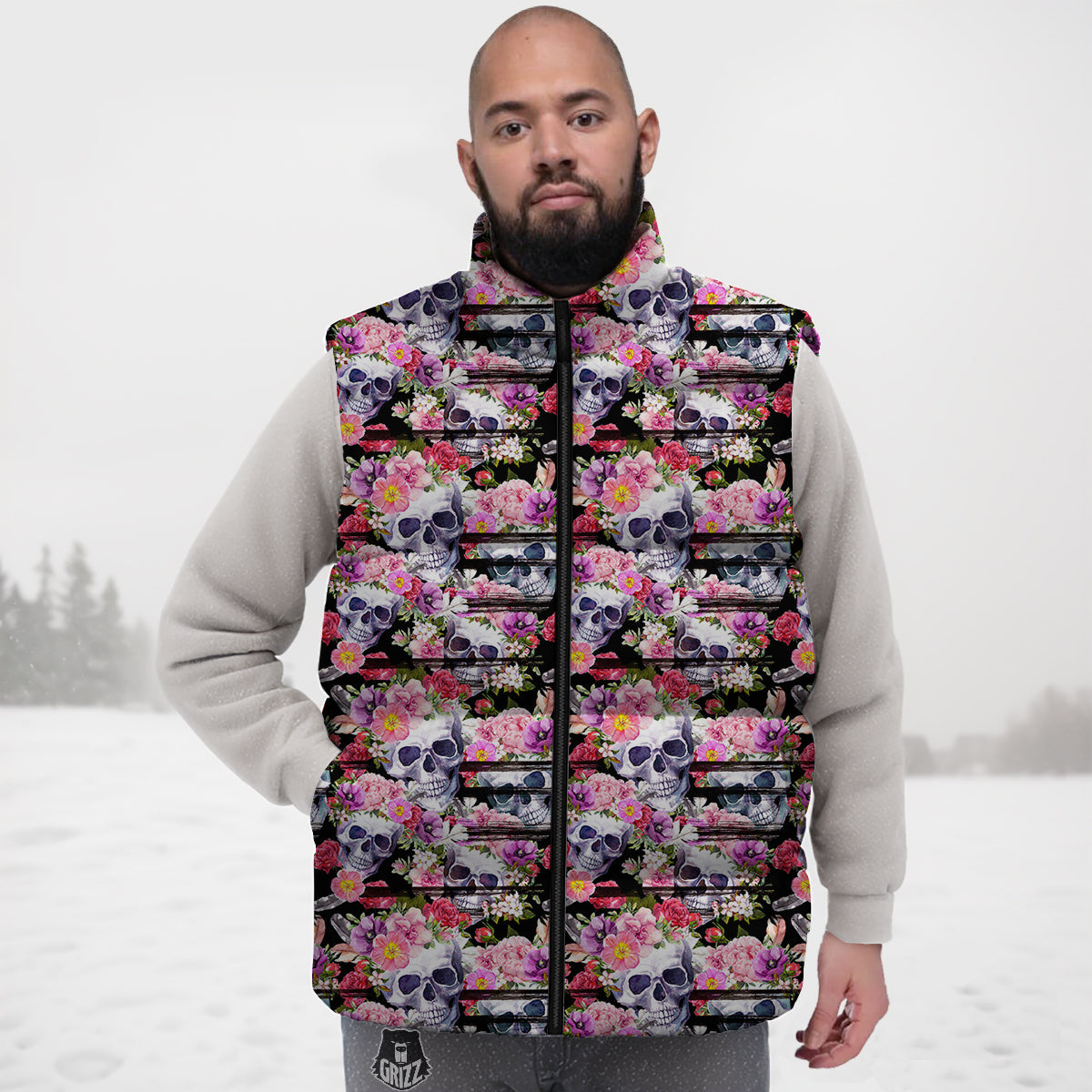 Striped Aloha Skull Print Pattern Down Vest-grizzshop