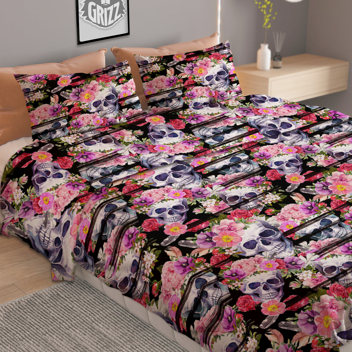 Striped Aloha Skull Print Pattern Duvet Cover Bedding Set