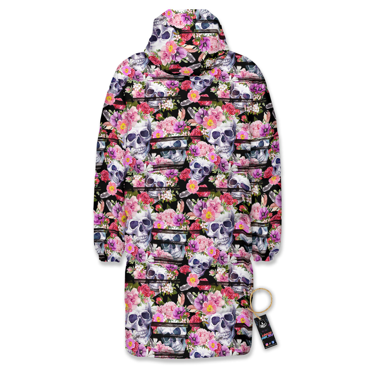 Striped Aloha Skull Print Pattern Long Down Jacket-grizzshop