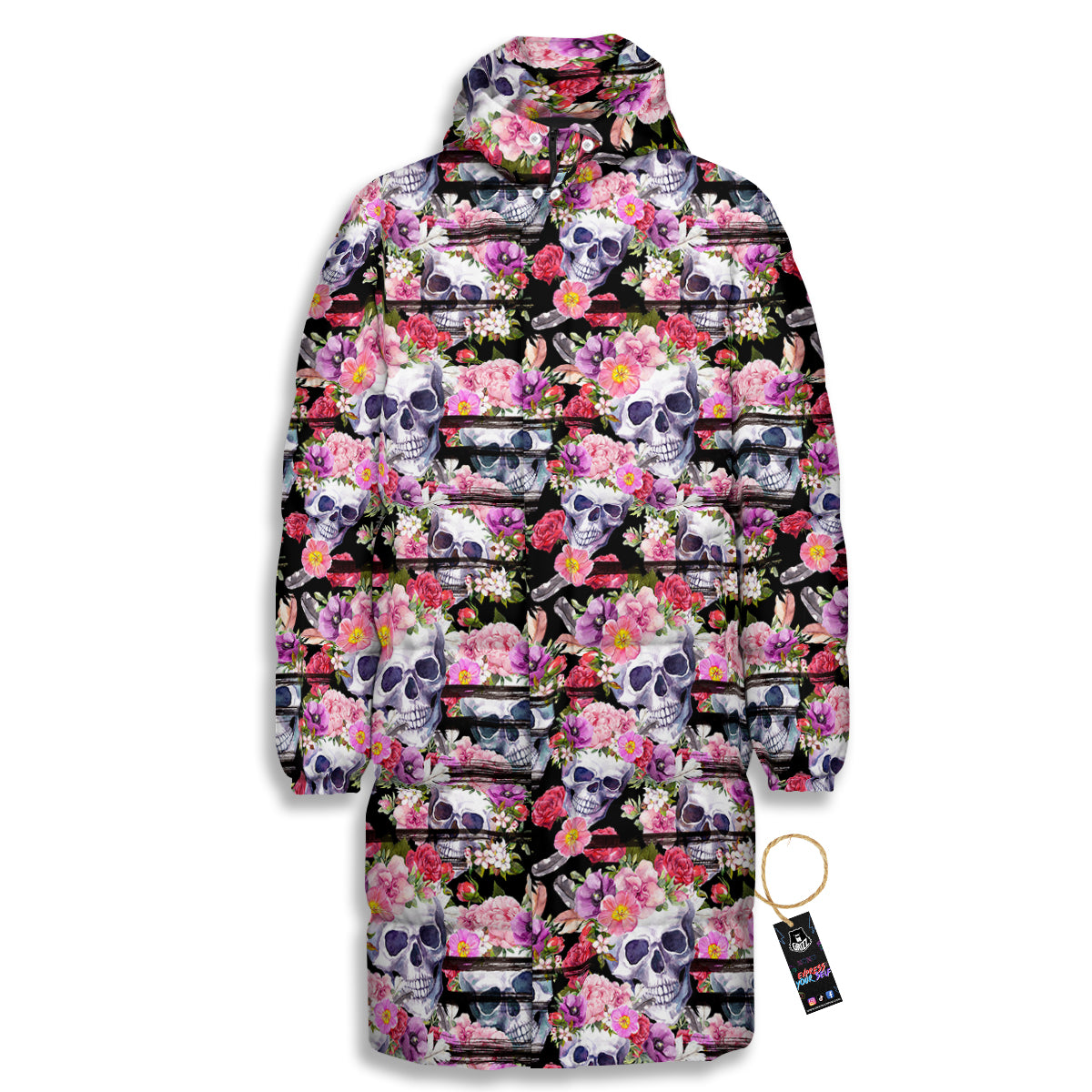 Striped Aloha Skull Print Pattern Long Down Jacket-grizzshop
