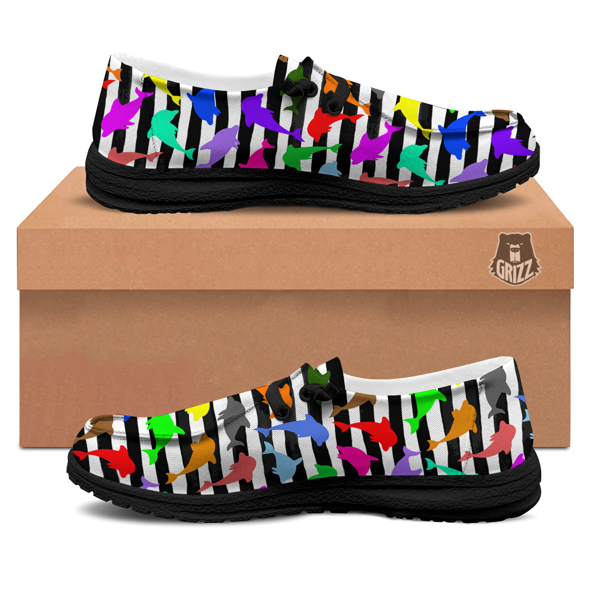 Striped And Colorful Dolphin Print Pattern Black Loafers-grizzshop