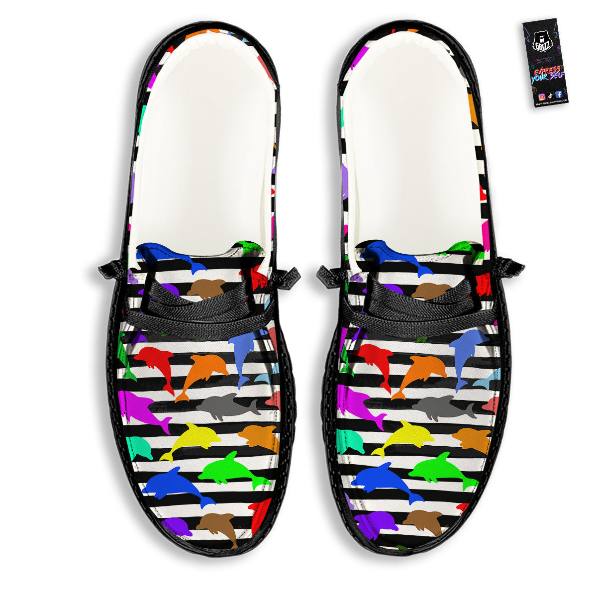Striped And Colorful Dolphin Print Pattern Black Loafers-grizzshop