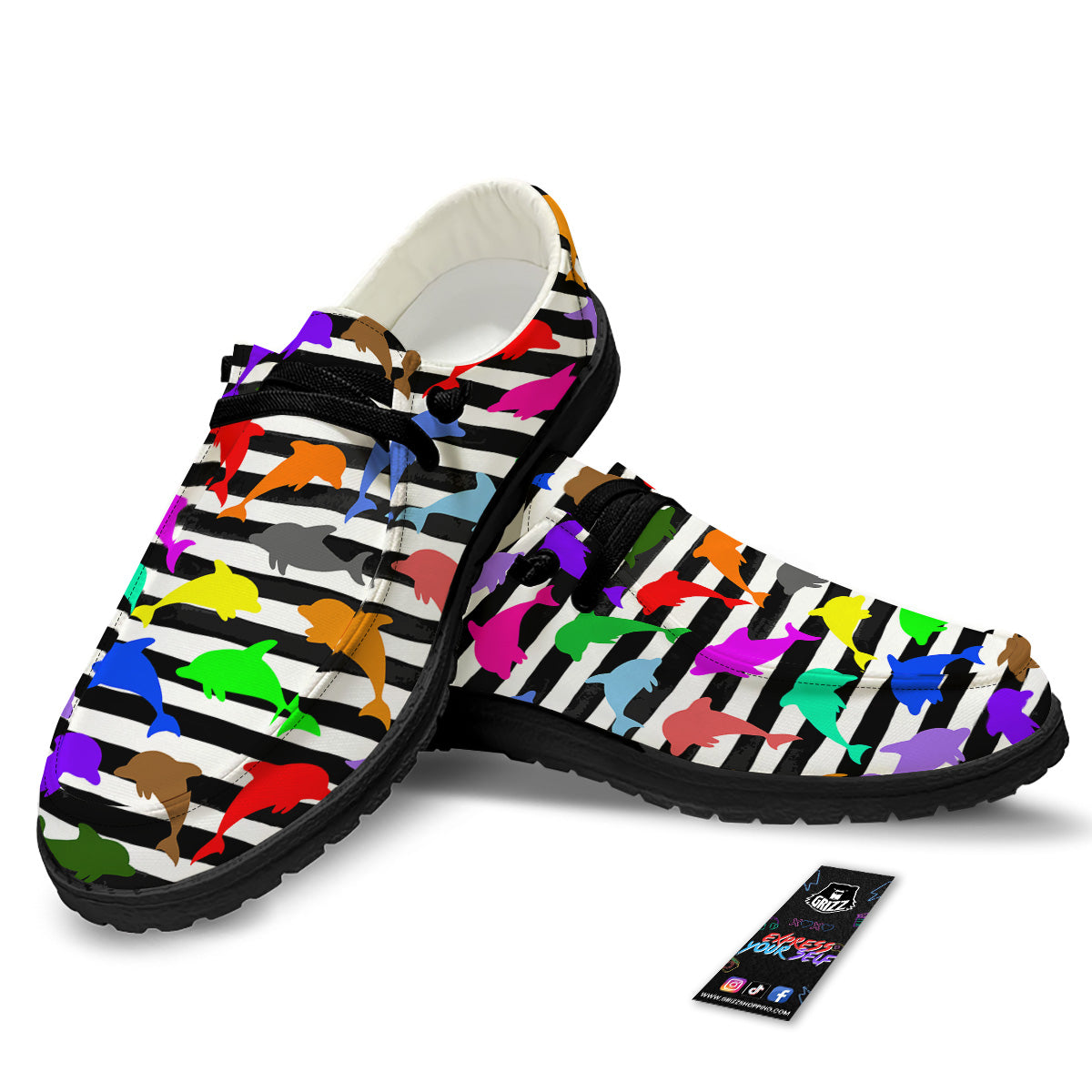 Striped And Colorful Dolphin Print Pattern Black Loafers-grizzshop