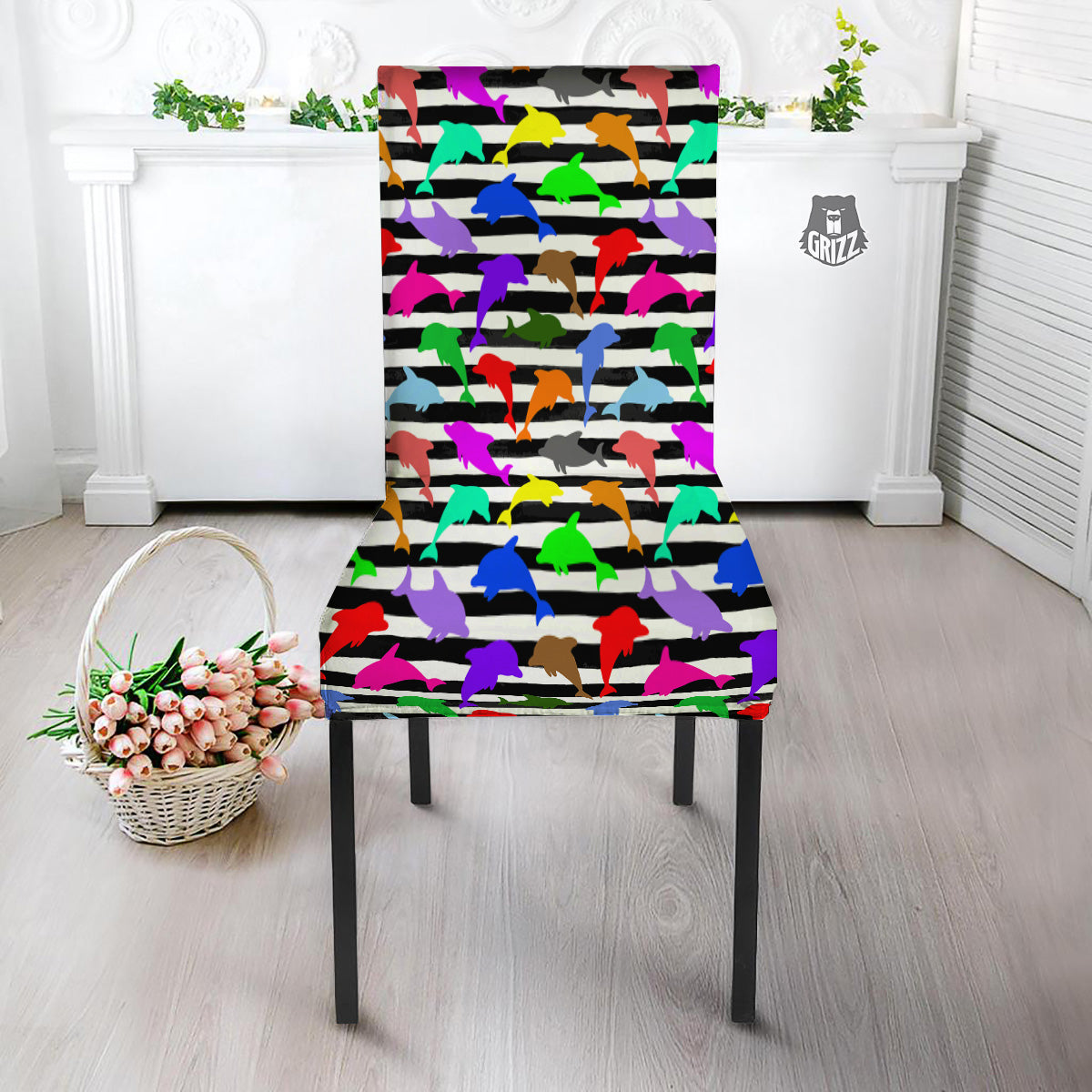 Striped And Colorful Dolphin Print Pattern Dining Chair Slipcover-grizzshop