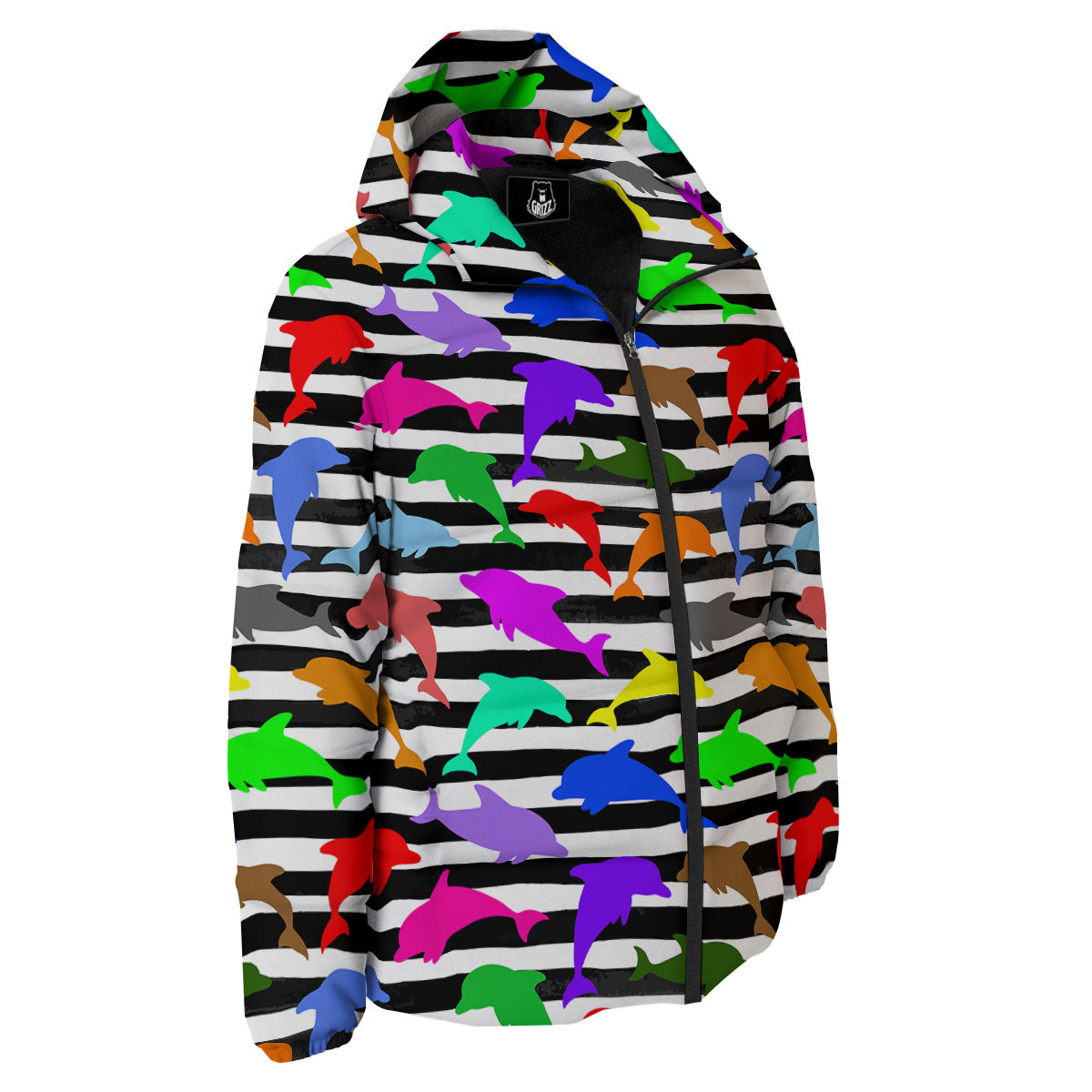 Striped And Colorful Dolphin Print Pattern Down Jacket-grizzshop